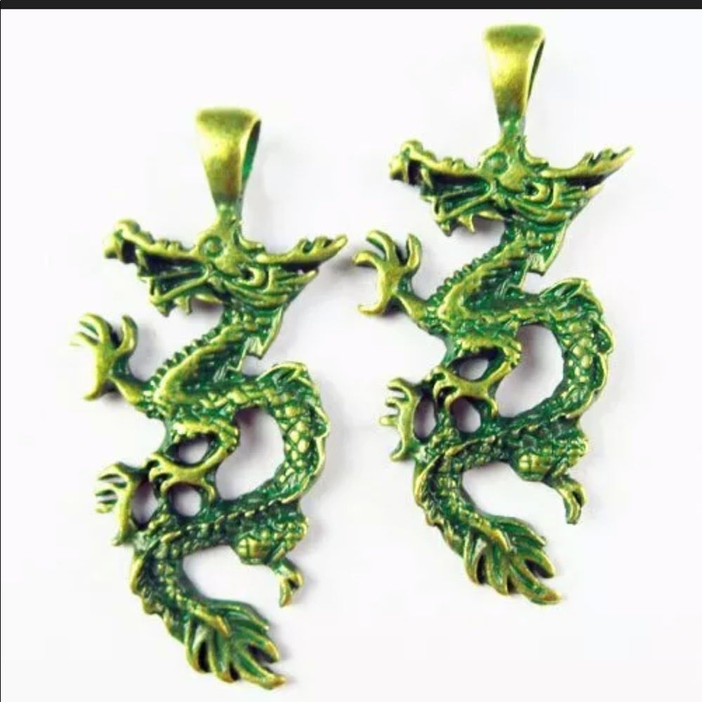 Carved Brass Bronze Dragon Pendant Bead patina